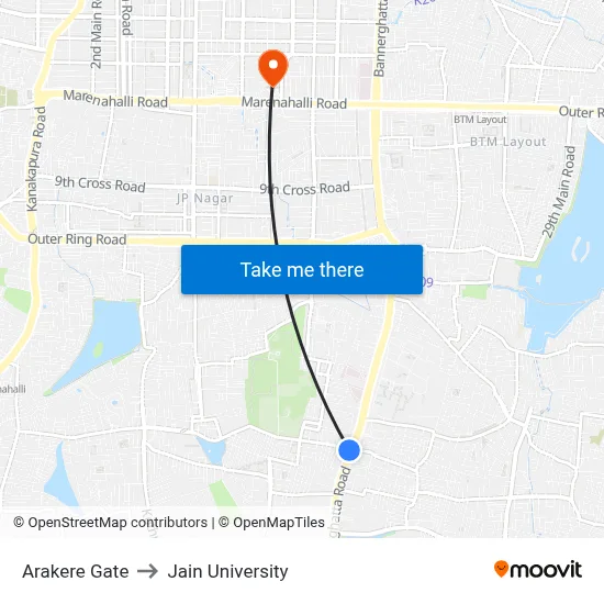 Arakere Gate to Jain University map