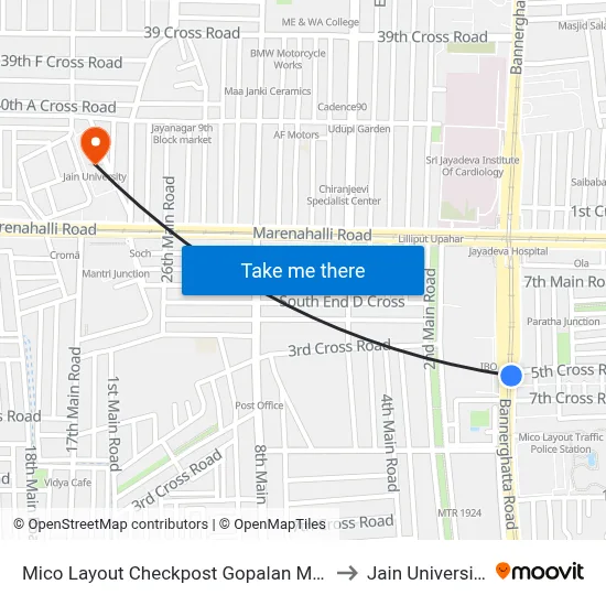 Mico Layout Checkpost Gopalan Mall to Jain University map