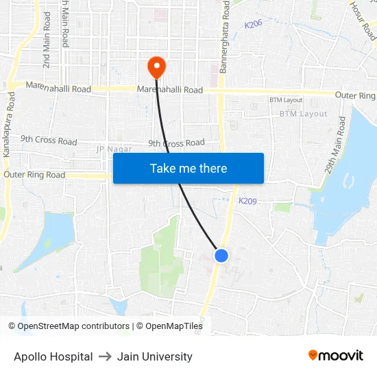 Apollo Hospital to Jain University map
