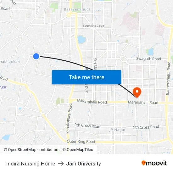 Indira Nursing Home to Jain University map