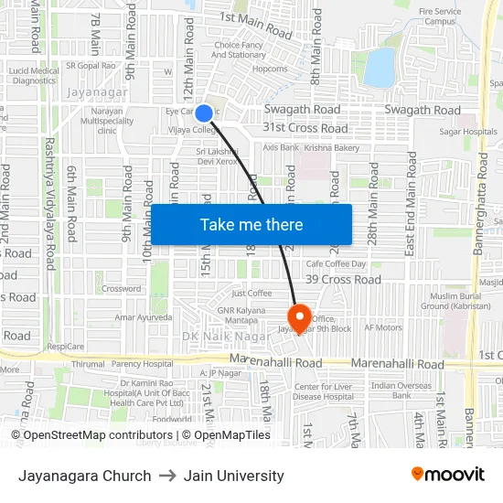 Jayanagara Church to Jain University map