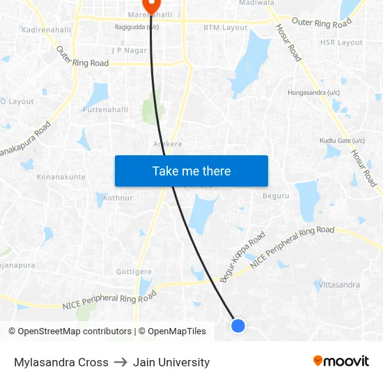 Mylasandra Cross to Jain University map