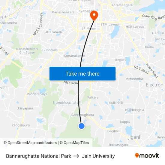 Bannerughatta National Park to Jain University map
