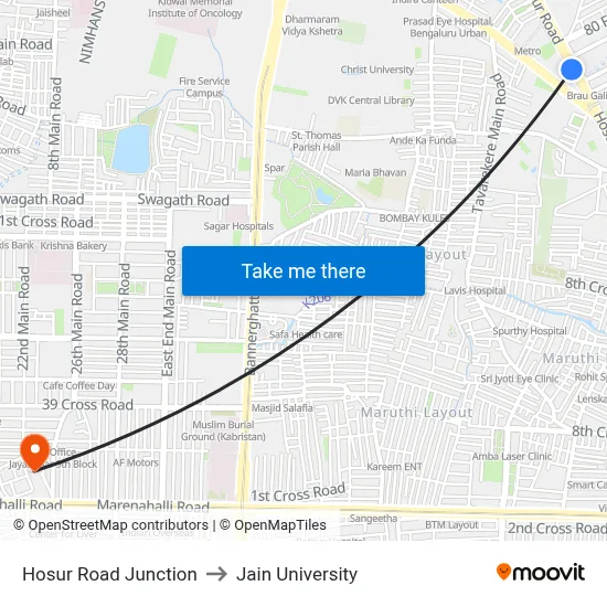 Hosur Road Junction to Jain University map