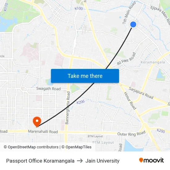 Passport Office Koramangala to Jain University map