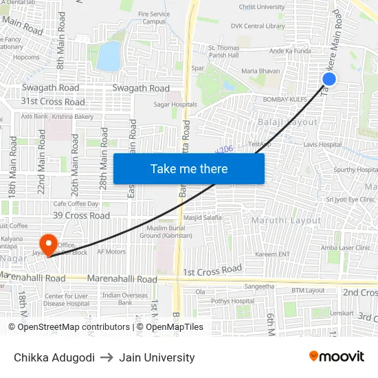 Chikka Adugodi to Jain University map