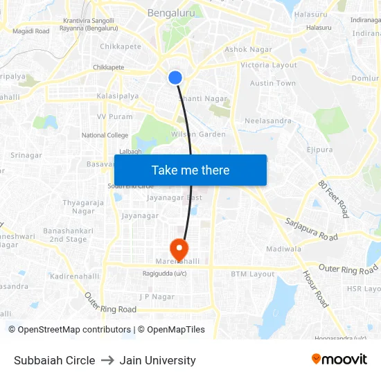 Subbaiah Circle to Jain University map