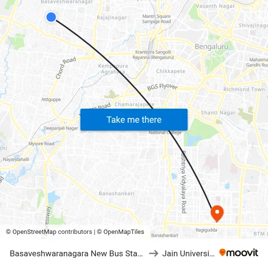 Basaveshwaranagara New Bus Stand to Jain University map