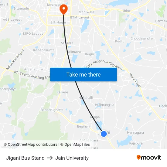 Jigani Bus Stand to Jain University map