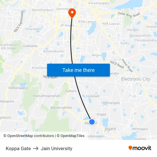 Koppa Gate to Jain University map