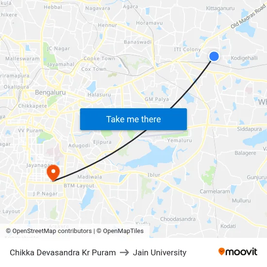 Chikka Devasandra Kr Puram to Jain University map