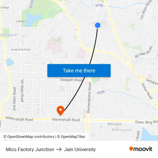 Mico Factory Junction to Jain University map
