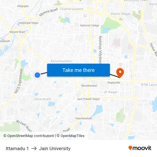 Ittamadu 1 to Jain University map