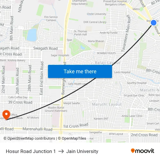 Hosur Road Junction 1 to Jain University map