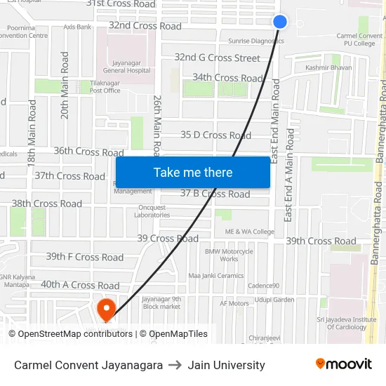 Carmel Convent Jayanagara to Jain University map