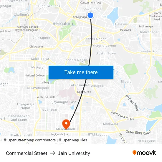 Commercial Street to Jain University map