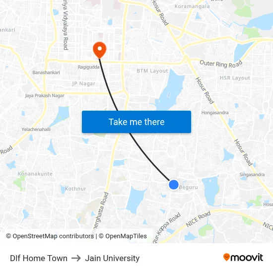 Dlf Home Town to Jain University map