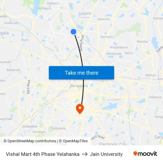 Vishal Mart 4th Phase Yelahanka to Jain University map