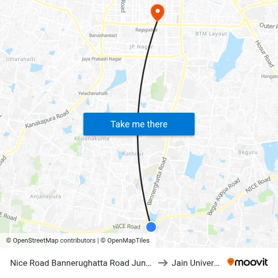 Nice Road Bannerughatta Road Junction to Jain University map