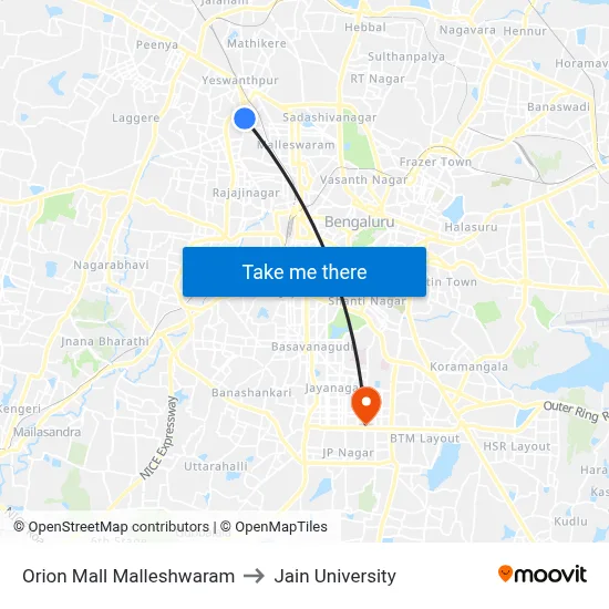 Orion Mall Malleshwaram to Jain University map