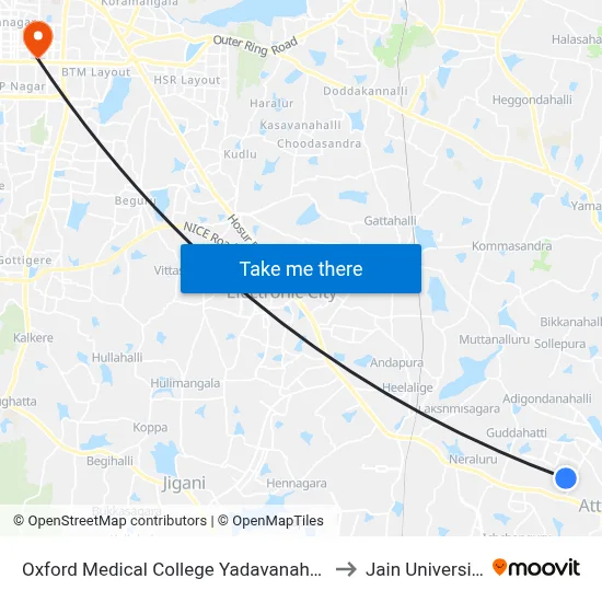 Oxford Medical College Yadavanahalli to Jain University map