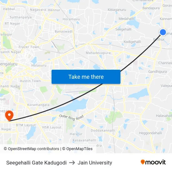 Seegehalli Gate Kadugodi to Jain University map