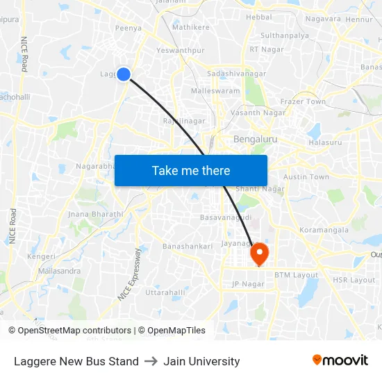 Laggere New Bus Stand to Jain University map
