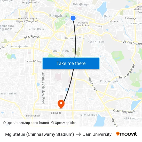 Mg Statue (Chinnaswamy Stadium) to Jain University map