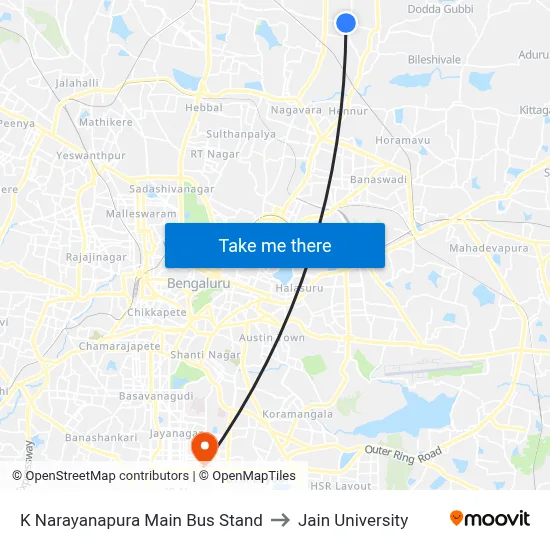 K Narayanapura Main Bus Stand to Jain University map
