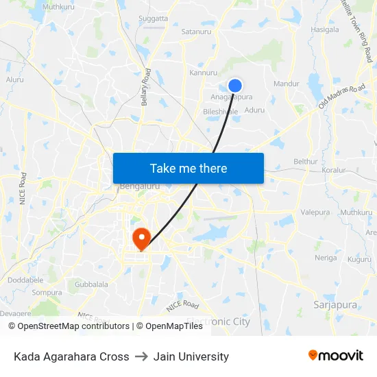 Kada Agarahara Cross to Jain University map