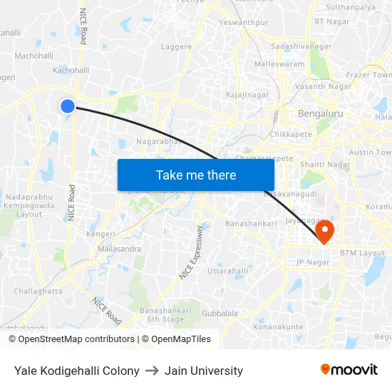 Yale Kodigehalli Colony to Jain University map