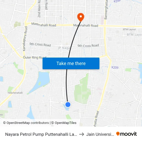 Nayara Petrol Pump Puttenahalli Lake to Jain University map