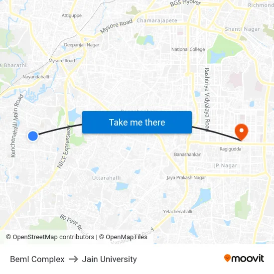 Beml Complex to Jain University map