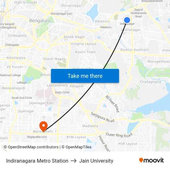 Indiranagara Metro Station to Jain University map