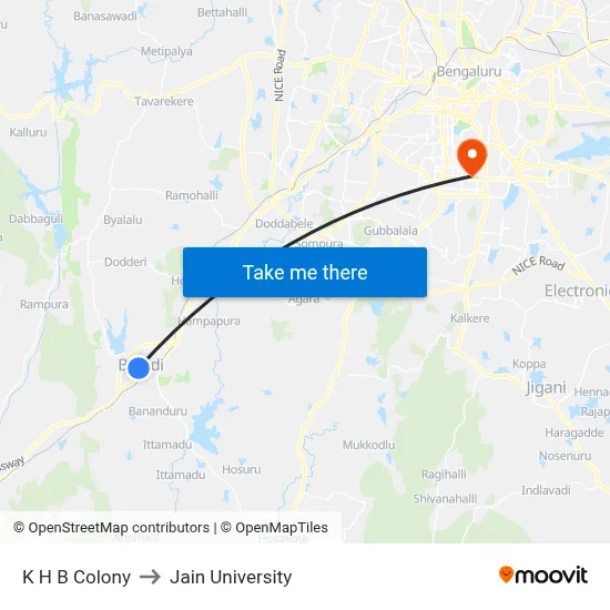 K H B Colony to Jain University map