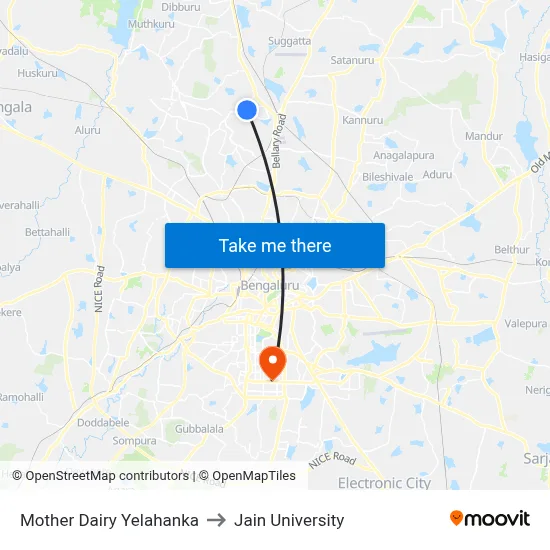 Mother Dairy Yelahanka to Jain University map