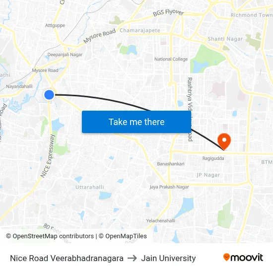 Nice Road Veerabhadranagara to Jain University map