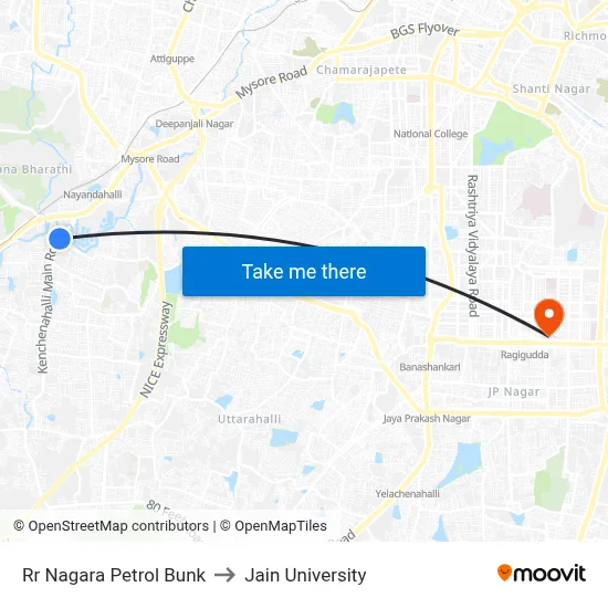 Rr Nagara Petrol Bunk to Jain University map