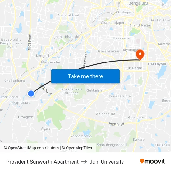 Provident Sunworth Apartment to Jain University map