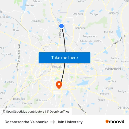 Raitarasanthe Yelahanka to Jain University map