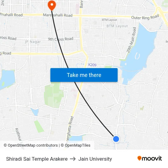 Shiradi Sai Temple Arakere to Jain University map