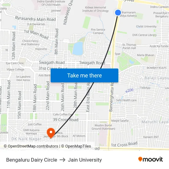 Bengaluru Dairy Circle to Jain University map