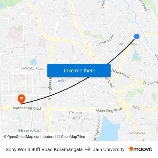Sony World 80ft Road Koramangala to Jain University map