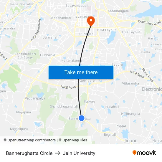 Bannerughatta Circle to Jain University map