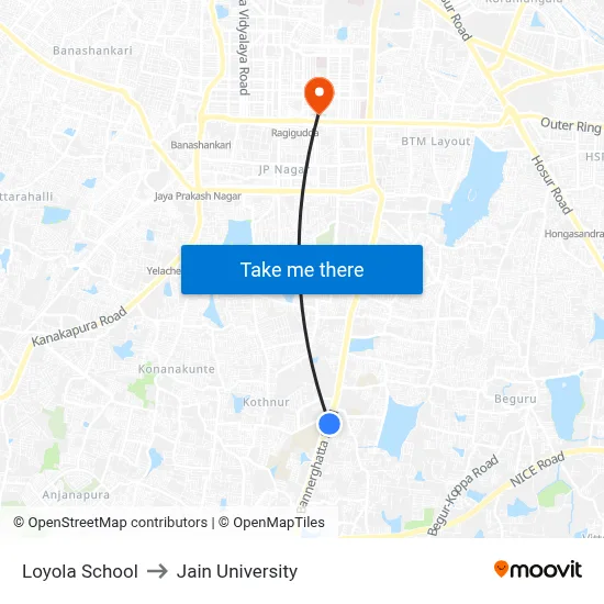 Loyola School to Jain University map