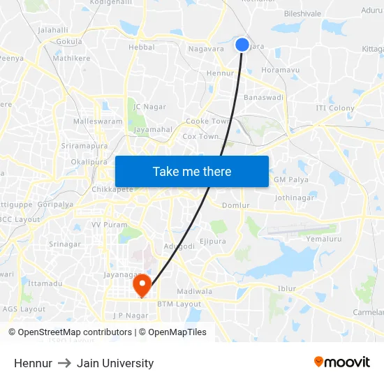 Hennur to Jain University map