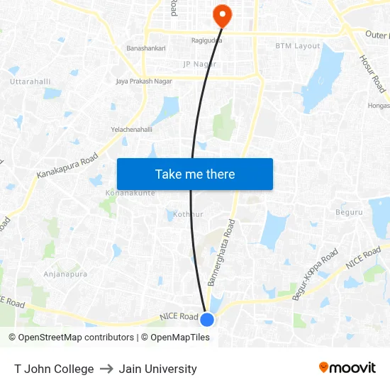 T John College to Jain University map