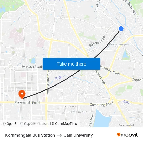 Koramangala Bus Station to Jain University map