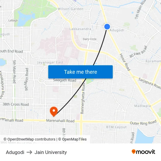 Adugodi to Jain University map