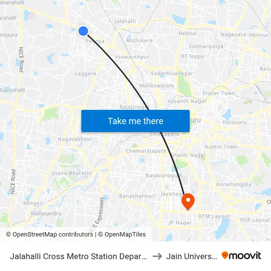 Jalahalli Cross Metro Station Departure to Jain University map